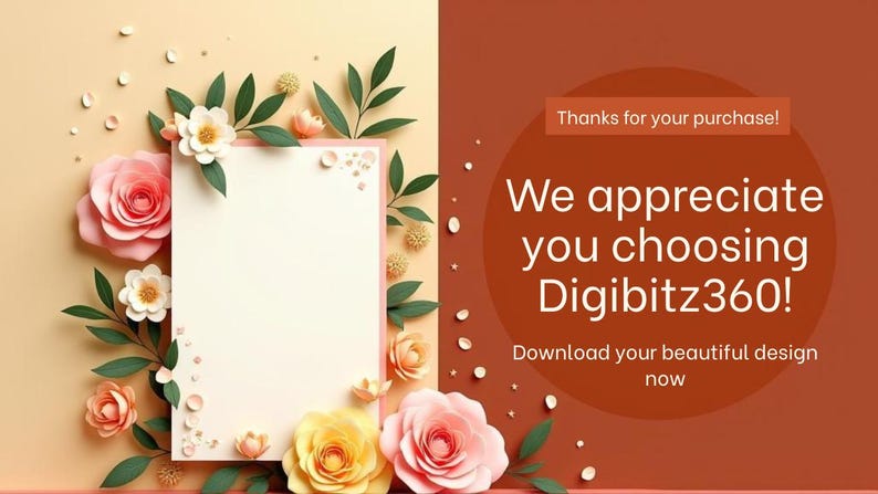 Puede incluir: Un dise&ntilde;o digital con un arreglo floral de rosas rosas, blancas y amarillas, hojas verdes y peque&ntilde;as flores blancas. El dise&ntilde;o incluye un rect&aacute;ngulo blanco en blanco y el texto: "&iexcl;Gracias por tu compra! &iexcl;Agradecemos que hayas elegido Digibitz360! Descarga tu hermoso dise&ntilde;o ahora."
