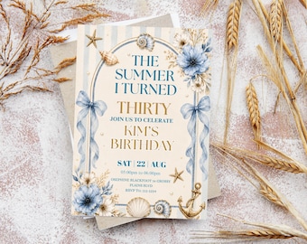 Coastal Beach Theme 30th Birthday Invitation, Summer Seashells Floral Invite (Editable Canva Template)