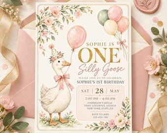 Puede incluir: Una tarjeta de invitación de cumpleaños con una ilustración en acuarela de un ganso con un gorro de fiesta y un lazo rosa, sosteniendo un globo rosa. El texto dice: SOPHIE IS ONE Silly Goose, PLEASE JOIN US TO CELEBRATE SOPHIE'S 1ST BIRTHDAY.