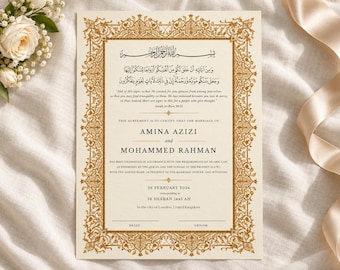Puede incluir: Un certificado de matrimonio rectangular impreso en papel crema con un borde dorado ornamentado. El documento presenta caligrafía árabe, texto en inglés con los nombres Amina Azizi y Mohammed Rahman, y la fecha 26 de febrero de 2024.