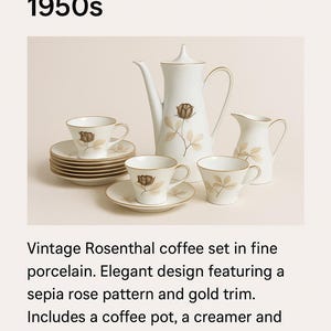 Vintage Rosenthal Tea Set – Germany – Mid-Century Porcelain – 12 Cups, Teapot, Milk Jug & Sugar Bowl – White and Gold Trim