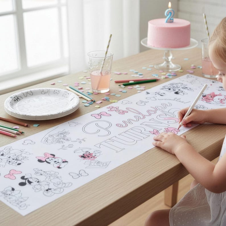 Puede incluir: Una ni&ntilde;a colorea un mantel individual de papel blanco con ilustraciones de Minnie Mouse y el texto "[Nombre] cumple dos a&ntilde;os". Una tarta rosa con una vela con el n&uacute;mero 2 est&aacute; sobre una base de cristal. L&aacute;pices de colores y confeti esparcidos sobre la mesa de madera.