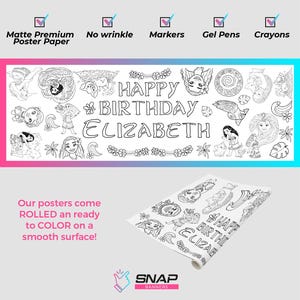 May include: A rectangular matte premium poster paper banner featuring black and white line art illustrations of characters, flowers, and waves. The text reads HAPPY BIRTHDAY ELIZABETH. The banner is shown both flat and rolled, suitable for markers, gel pens, and crayons.