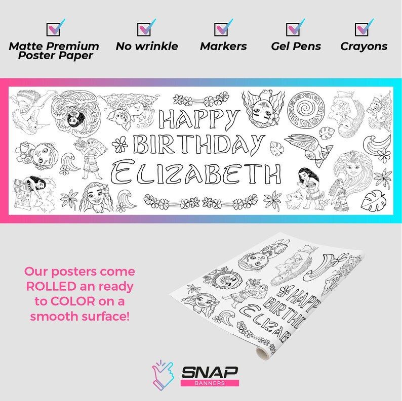 May include: A rectangular matte premium poster paper banner featuring black and white line art illustrations of characters, flowers, and waves. The text reads HAPPY BIRTHDAY ELIZABETH. The banner is shown both flat and rolled, suitable for markers, gel pens, and crayons.