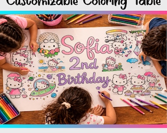 Hello Kitty Personalized Birthday Coloring Table Runner | Custom Name, Age Activity Banner