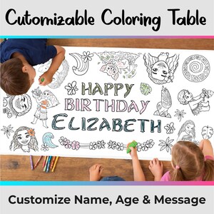 May include: A large white paper coloring table runner featuring black line art illustrations of characters, flowers, and leaves. The text reads HAPPY BIRTHDAY ELIZABETH in the center. The runner is surrounded by colorful crayons on a wooden surface.