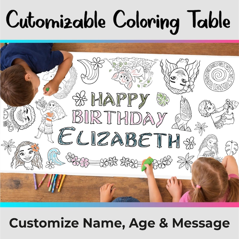 May include: A large white paper coloring table runner featuring black line art illustrations of characters, flowers, and leaves. The text reads HAPPY BIRTHDAY ELIZABETH in the center. The runner is surrounded by colorful crayons on a wooden surface.