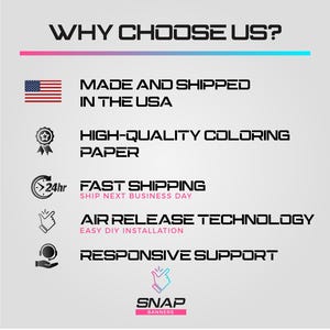 Puede incluir: Gr&aacute;fico con el texto "WHY CHOOSE US?" y vi&ntilde;etas: "MADE AND SHIPPED IN THE USA", "HIGH-QUALITY COLORING PAPER", "FAST SHIPPING", "AIR RELEASE TECHNOLOGY" y "RESPONSIVE SUPPORT". El logotipo de Snap Banners est&aacute; en la parte inferior.