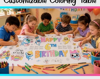 Baby Shark Birthday Party Coloring Table Runner Personalized Kids Activity Custom Name Coloring Poster