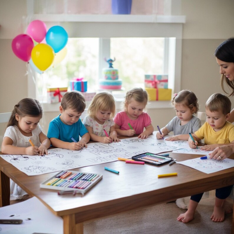 K&ouml;nnte beinhalten: Kinder malen auf einer Geburtstagsparty. Sechs Kinder sitzen an einem Holztisch und malen mit einem Stift auf einem gro&szlig;en Papierbogen. Ballons und eine Torte sind im Hintergrund. Eine Frau hilft den Kindern.
