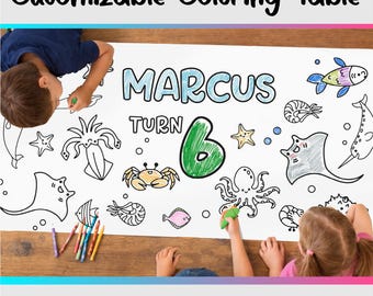 Marine Life Coloring Table Runner | Marine Life Party Activity Banner for Kids | Ocean Coloring