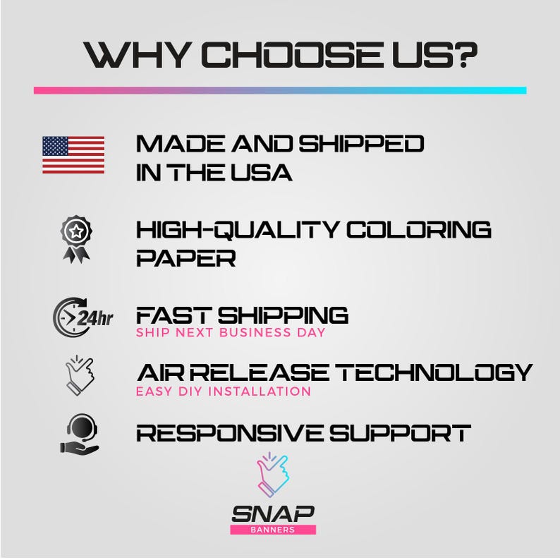 K&ouml;nnte beinhalten: Grafik mit dem Text "WHY CHOOSE US?" und einer Liste von Funktionen. Enth&auml;lt eine amerikanische Flagge, ein Abzeichen, eine Uhr, eine Hand und eine Hand, die einen Kreis h&auml;lt. Der Text hebt Funktionen wie hochwertiges Papier und reaktionsschnellen Support hervor.