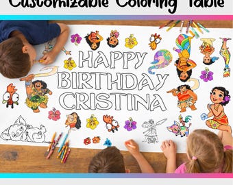 Moana Personalized Kids Birthday Coloring Table Runner, Giant Coloring Activity Banner, Custom Name Age