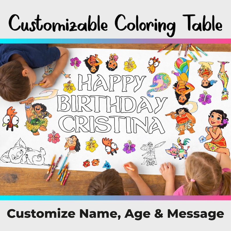 Puede incluir: Una gran mesa para colorear personalizable blanca con el texto "Happy Birthday Cristina" y personajes de dibujos animados. Los ni&ntilde;os est&aacute;n coloreando la mesa con crayones. El texto superior dice "Mesa para colorear personalizable".