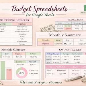 May include: Digital download of budget spreadsheets for Google Sheets. The design features tables for income, expenses, monthly summaries, and savings tracking. Includes a pie chart and the text "Take control of your finances!"
