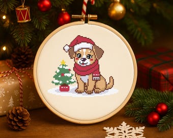 Christmas Dog Cross Stitch Pattern PDF - Cute Puppy Santa Hat Xstitch - Instant Download Xmas Embroidery Chart