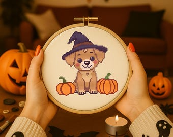 Lindo patrón de punto de cruz en PDF con calabazas - Cachorro mago de Halloween | Patrón de bordado de otoño