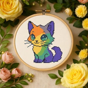 PDF Pattern Cross Stitch Rainbow Cat – Cute Digital Design – DMC Threads – Pattern Keeper Compatible