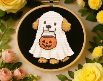 Patrón de punto de cruz en PDF: perro fantasma de Halloween con cesta de calabaza, bonito patrón de bordado otoñal (descargable).