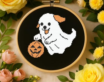Patrón de punto de cruz en PDF - Perro fantasma de Halloween | Bordado adorable con calabaza, diseño de perro disfrazado, muy fácil