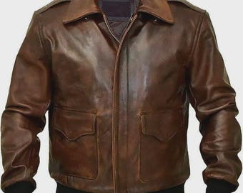 Handgemaakt bruin rundleer A2 pilotenjack: vintage WWII-bommenwerperstijl
