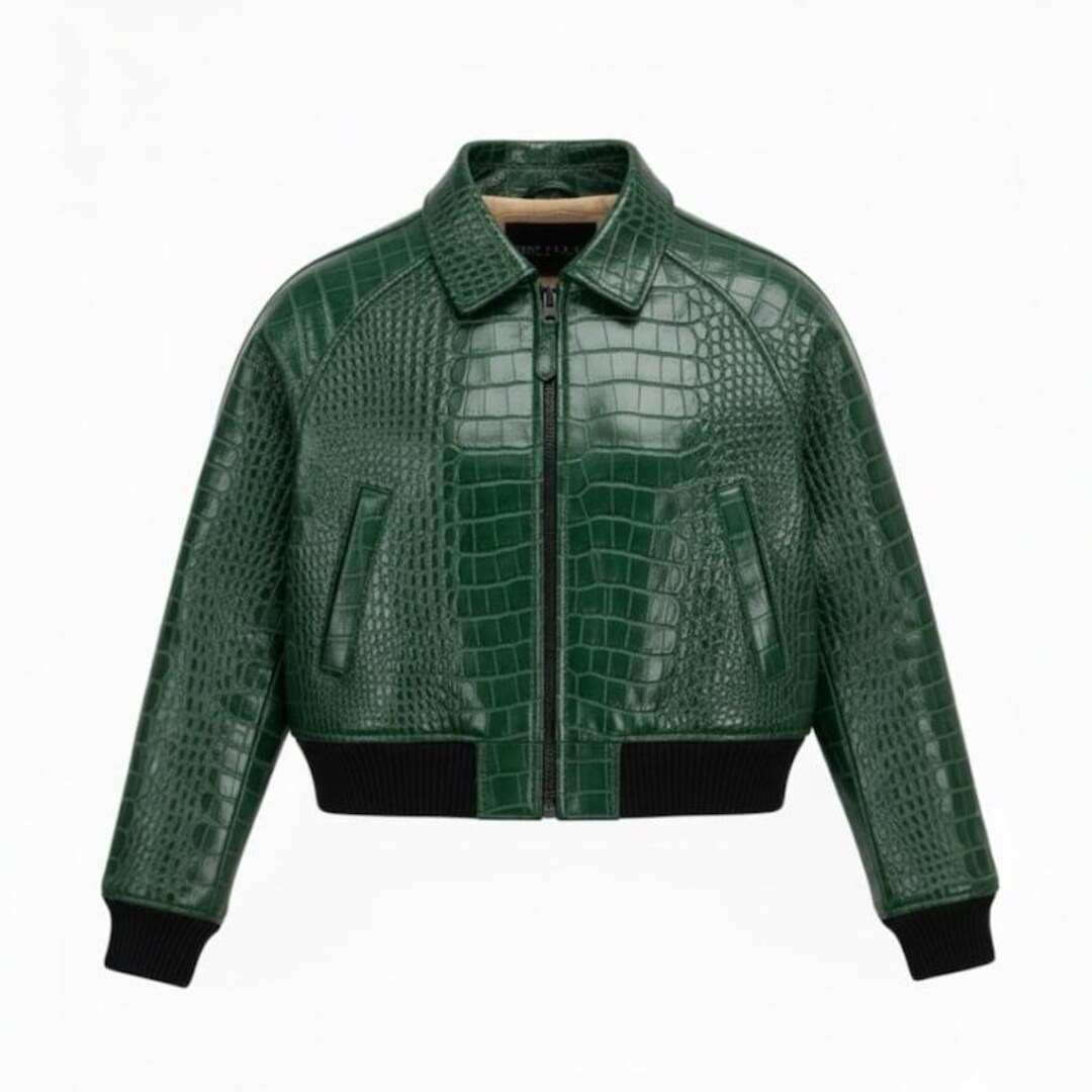 Green Croc-embossed Leather Bomber Jacket – Handmade Cropped