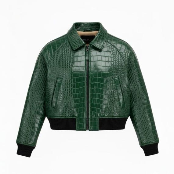 Green Croc-embossed Leather Bomber Jacket – Handmade Cropped