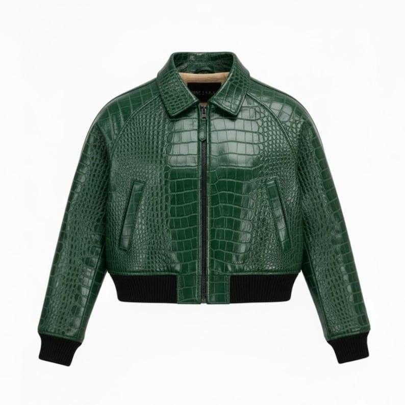 Green Croc-embossed Leather Bomber Jacket – Handmade Cropped