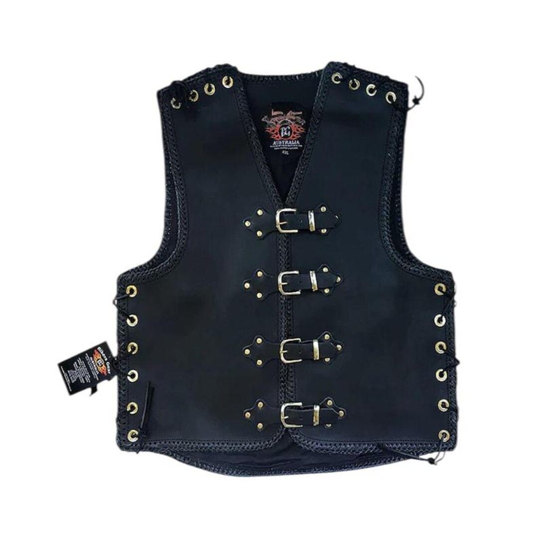 Heavy-duty Leather Motorcycle Club Vest: Braided Edges, Brass Buckles ...