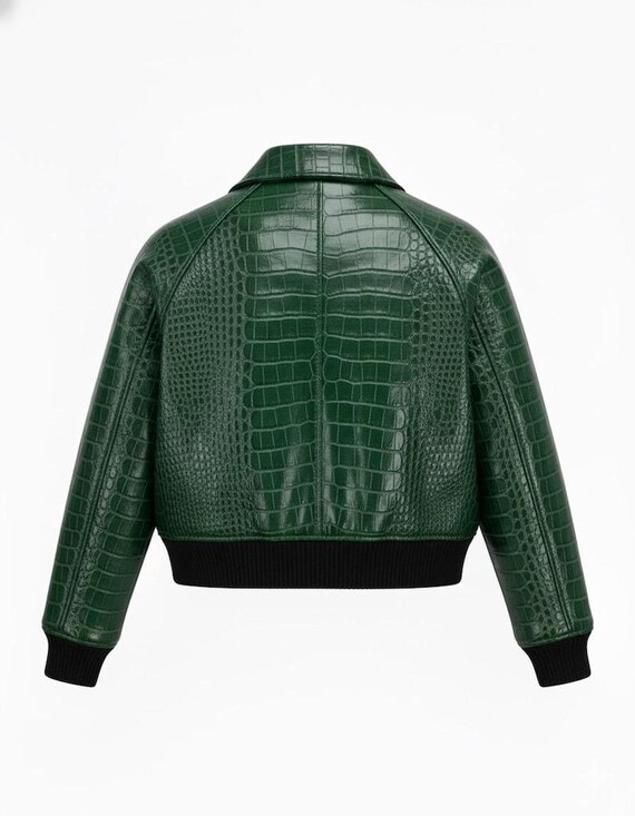 Green Croc-embossed Leather Bomber Jacket – Handmade Cropped