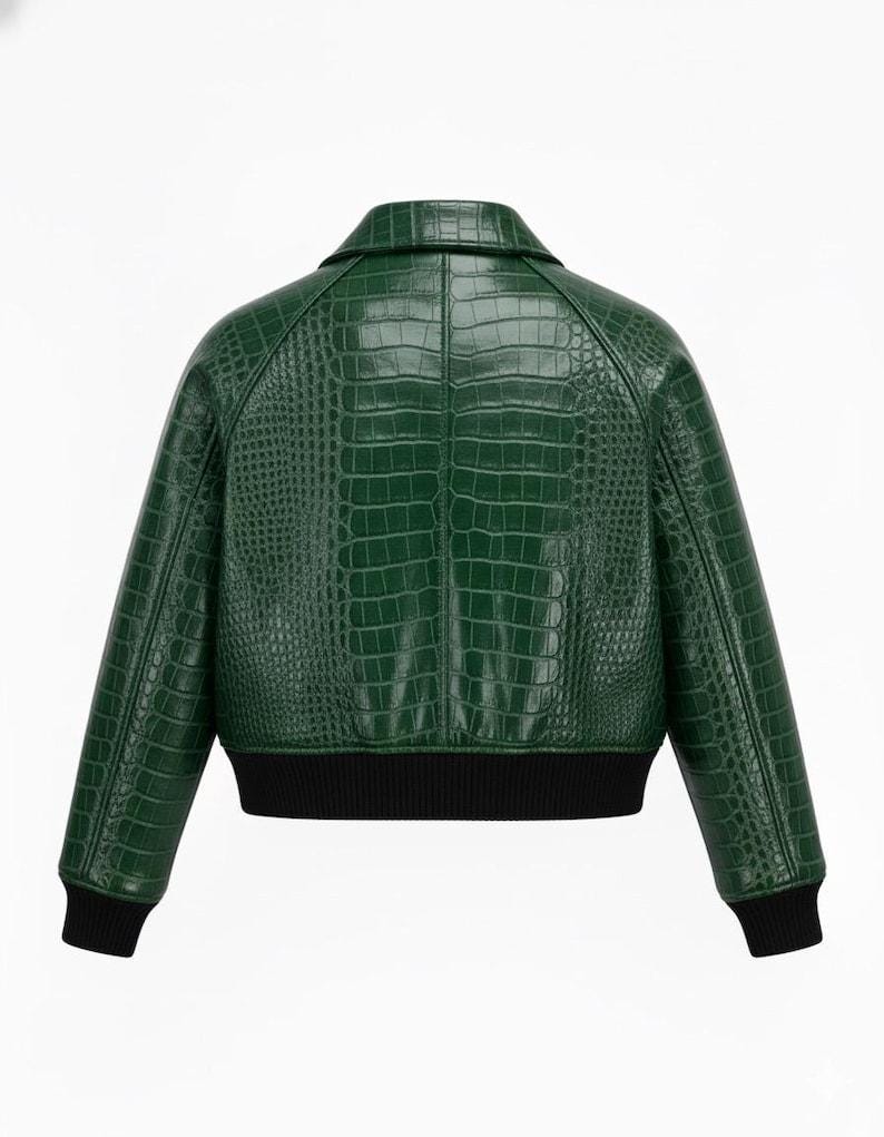 Green Croc-embossed Leather Bomber Jacket – Handmade Cropped