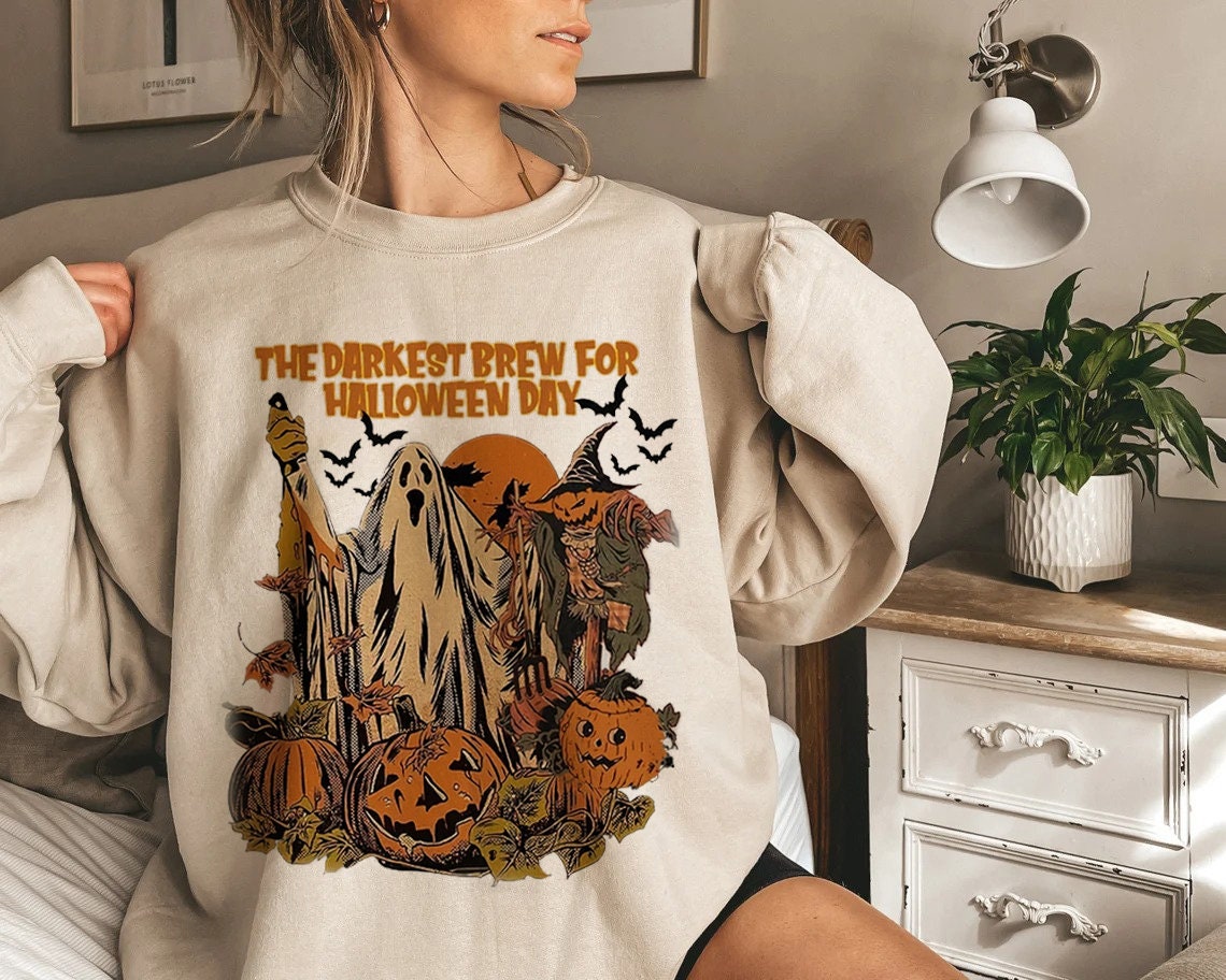 Discover Vintage Darkest Brew For Halloween Day Crewneck, Halloween Sweatshirt