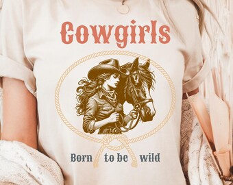 Camiseta gráfica estilo western, camiseta gráfica vintage, rodeo de vaquera, caballo rústico, nacida para ser salvaje