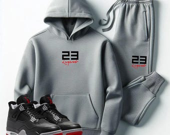 Men Grey Sweatsuit Hoodie Joggers Set 23 Legend Tracksuit To Match Jordan 4 Bred
