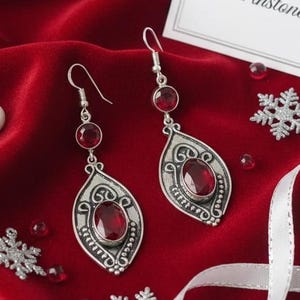 Ruby Dangle Earrings Sterling Silver Filigree Drop, Oval & Round Red Gemstone, July Birthstone Gift for Her,Vintage Boho Statement Jewellery