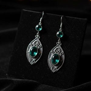 Tsavorite Dangle Earrings Sterling Silver, Vintage Boho Filigree Navette Drop, Emerald Green Two Stone Gift