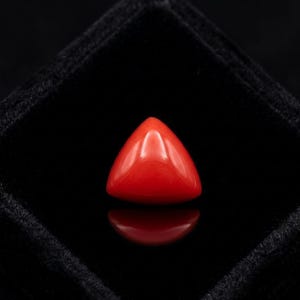 May include: A vibrant, triangular, polished red gemstone, possibly coral, is displayed against a black velvet background. The gem's smooth surface reflects light, creating a glossy appearance. The gem is a striking focal point.