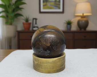 Natural Tiger Eye Sphere Crystal Ball on Wooden Stand, Lab Certified Polished Gemstone Orb, Courage Confidence Gift
