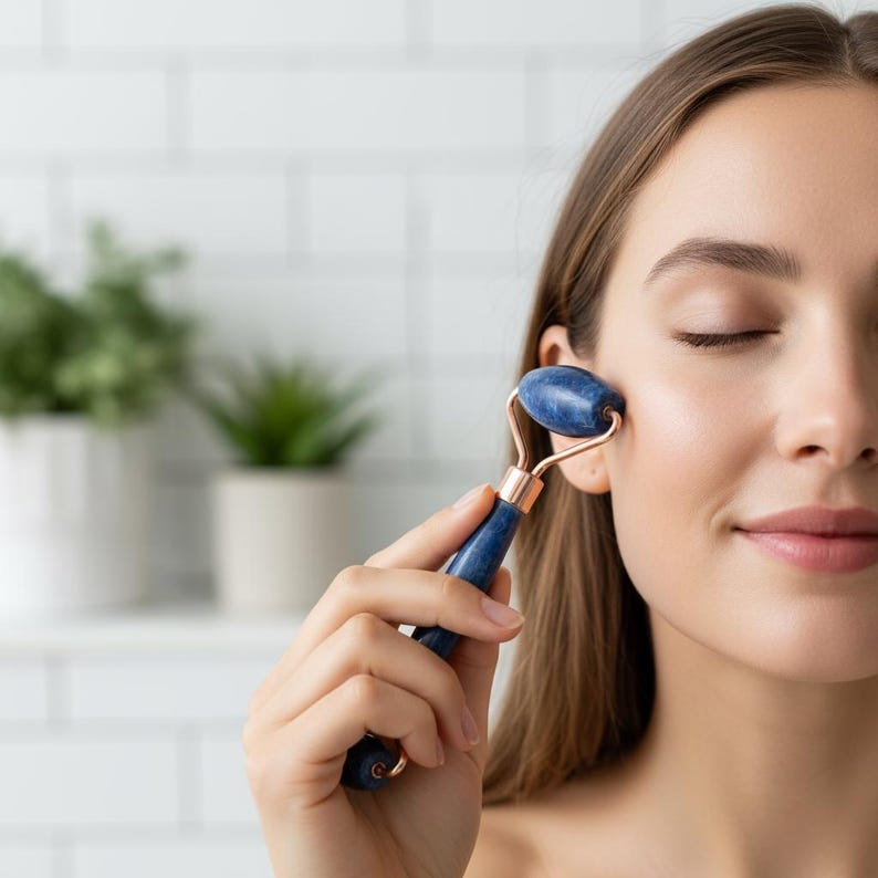 Under eye roller lapis lazuli, small end cooling massage tool for refreshed look and de-puffing routine