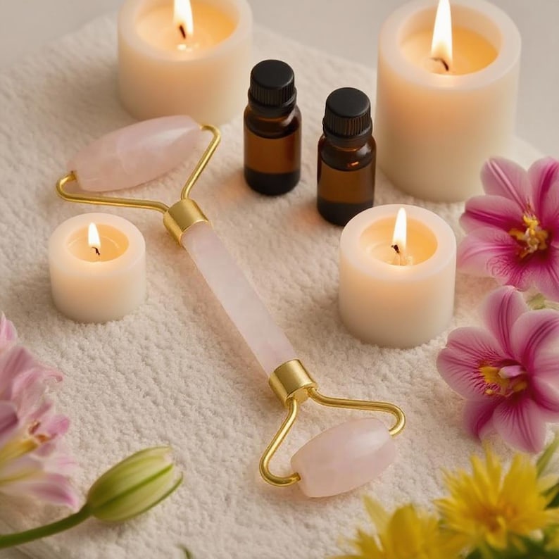 Dual head rose quartz facial massager for serum application and relaxing skincare ritual