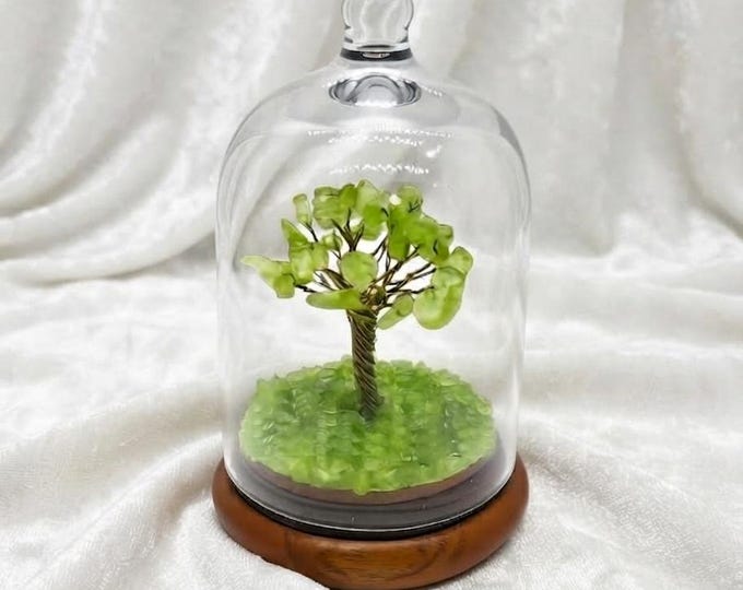 Peridot Wish Tree in Glass Dome | Crystal Tree of Life Decor | Green Gemstone Bonsai | Good Luck Gift Handmade