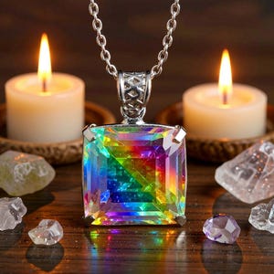 Healing crystal jewelry Mystic Topaz square cut 50-60ct rainbow gemstone pendant necklace with silver chain, aura cleansing and meditation stone
