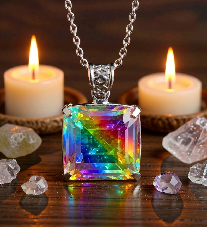 Healing crystal jewelry Mystic Topaz square cut 50-60ct rainbow gemstone pendant necklace with silver chain, aura cleansing and meditation stone