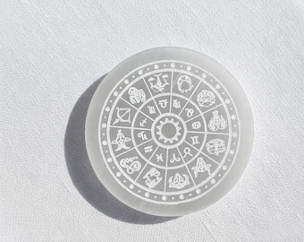 Selenite Zodiac Charging Plate, Engraved Astrology Wheel Crystal Disc, Crystal Charging Station, Cleansing Plate for Crystals, Gemstones