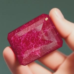 May include: A faceted, rectangular gemstone with a deep magenta hue and internal veining. The gem is held in a hand, showcasing its polished surfaces and intricate internal patterns. The gem's shape is a rectangle with cut corners.