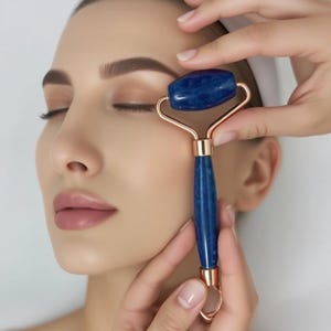 Genuine lapis lazuli facial roller blue stone and rose gold tone frame, dual end face and neck massager