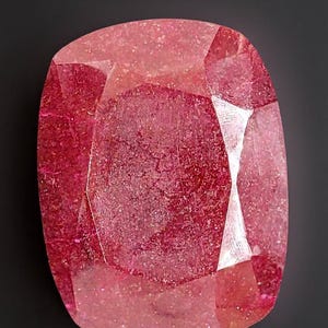 Może przedstawiać: Fasetowany kamień szlachetny o szlifie poduszkowym w głębokim różowym odcieniu. Kamień ma wypolerowaną powierzchnię z wewnętrznymi inkluzjami i jasną, odbijającą światło fasetą pośrodku. Tło jest jednolicie czarne.