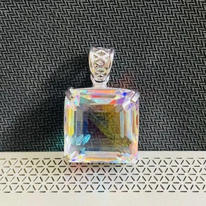 Elegant square cut Mystic Topaz pendant 50-60ct faceted rainbow gemstone with free silver chain, healing crystal necklace for meditation and positivity