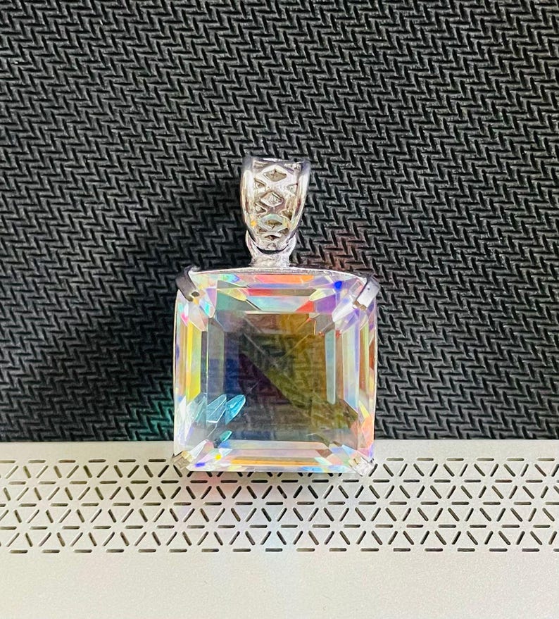 Elegant square cut Mystic Topaz pendant 50-60ct faceted rainbow gemstone with free silver chain, healing crystal necklace for meditation and positivity