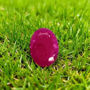 Puede incluir: Una gema de rubí facetada, de forma ovalada, que muestra un tono rojo intenso. La gema se encuentra sobre un fondo de hierba verde vibrante, lo que resalta su color y claridad. Las superficies pulidas del rubí reflejan la luz, creando un efecto brillante.